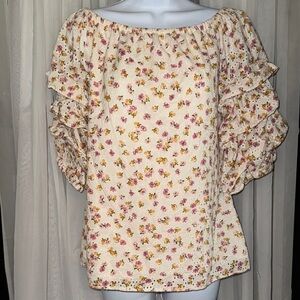 CeCe Cream and Pink Puff Sleeve Ruffled Blouse
